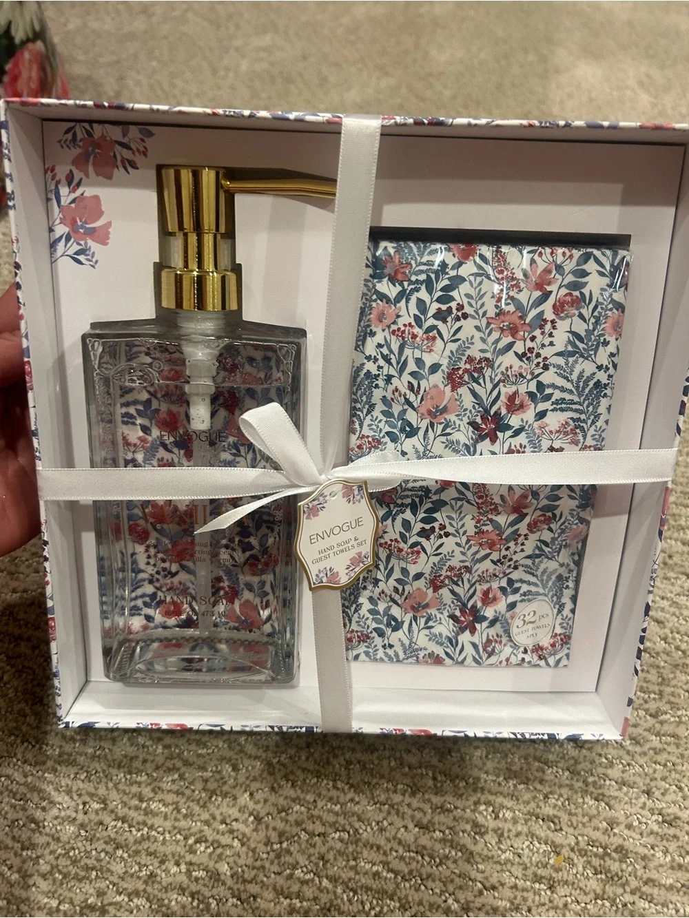 Envogue Floral Glass Soap Dispenser & Floral Napkin Set - Pink & Blue
